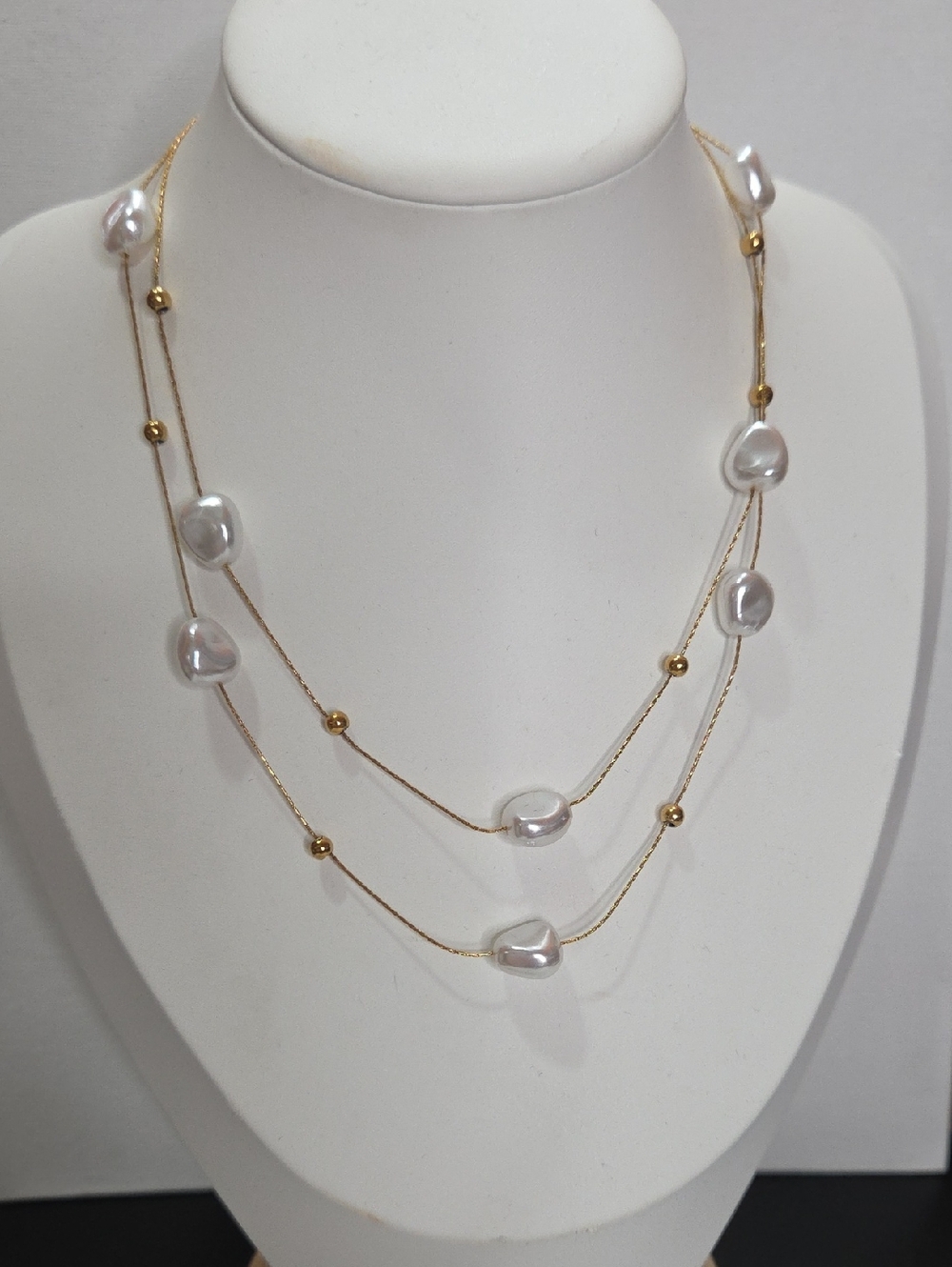 Gold Tone Stainless Steel Necklace Faux Pearl Beaded Detail Double Strand NEW